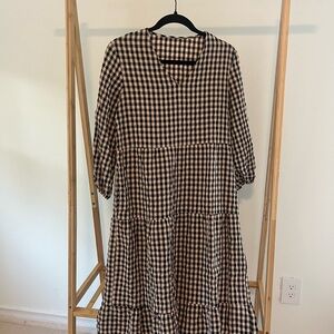 Pink and black plaid dress with v neck